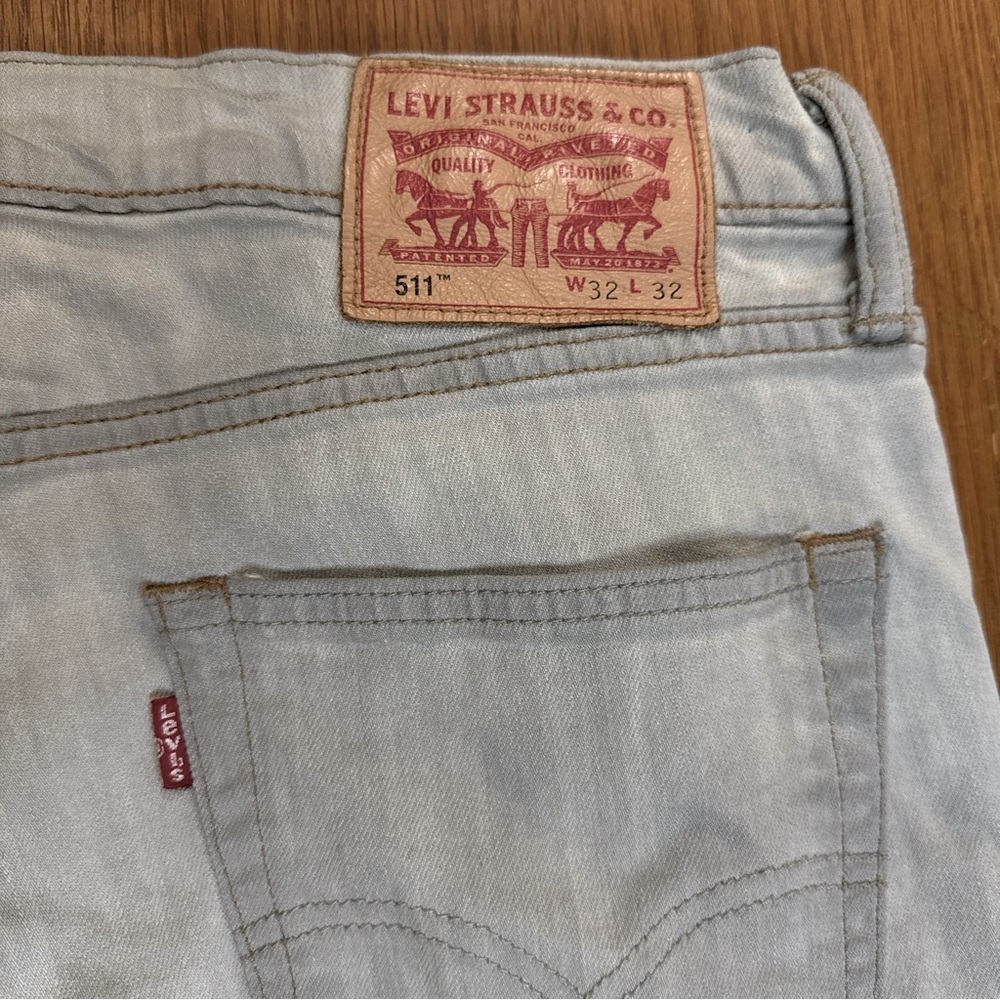 Levi's 511 Mens Denim Jeans 32x30 Light Grey Silver Slim Stretch Stains Worn